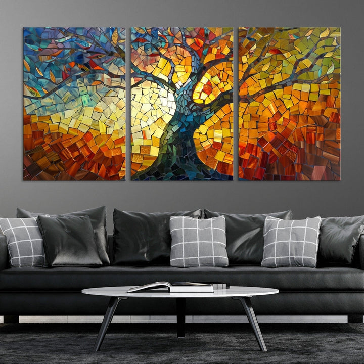 Mosaic Tree Canvas Wall Art – Vibrant Stained Glass-Inspired Tree of Life
