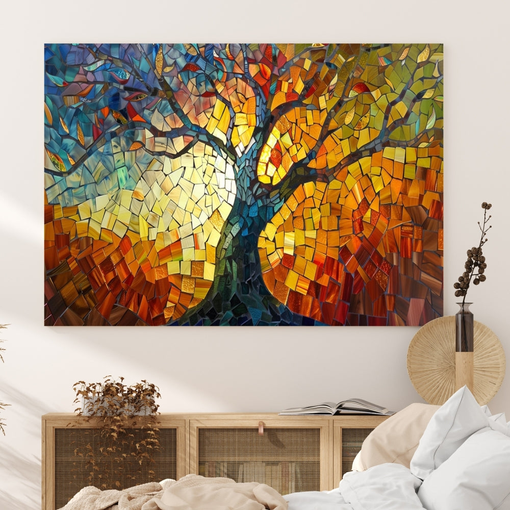 Mosaic Tree Canvas Wall Art – Vibrant Stained Glass-Inspired Tree of Life