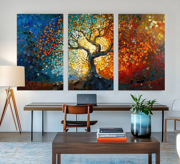 A Mosaic Tree Canvas Wall Art, featuring a vibrant stained glass-inspired Tree of Life and ready to hang, adds a lively touch to the space.