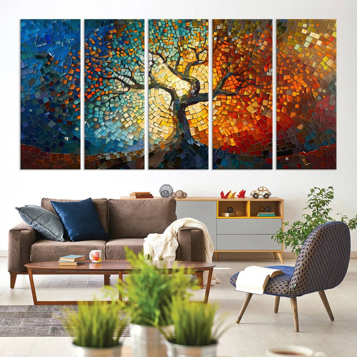 A Mosaic Tree Canvas Wall Art, featuring a vibrant stained glass-inspired Tree of Life and ready to hang, adds a lively touch to the space.