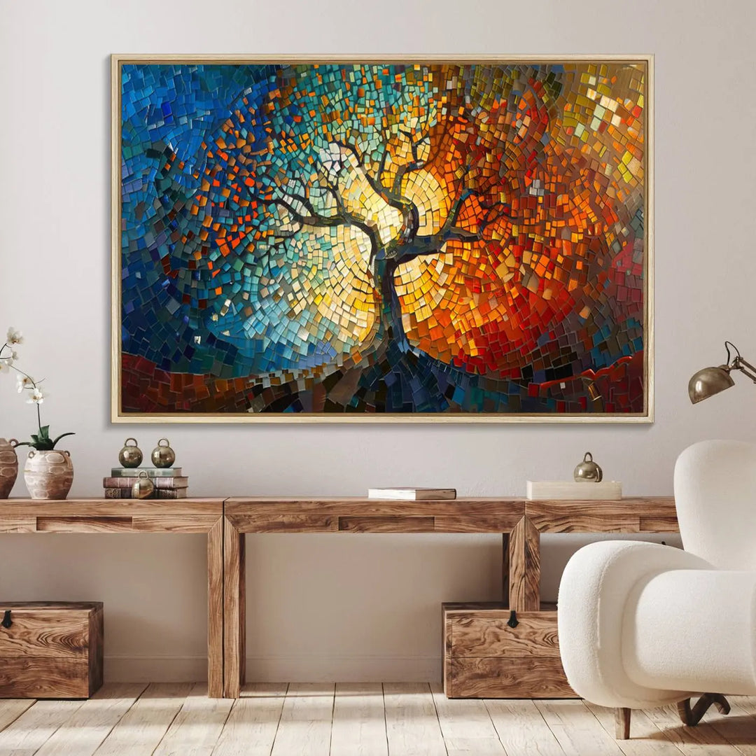 A Mosaic Tree Canvas Wall Art, featuring a vibrant stained glass-inspired Tree of Life and ready to hang, adds a lively touch to the space.