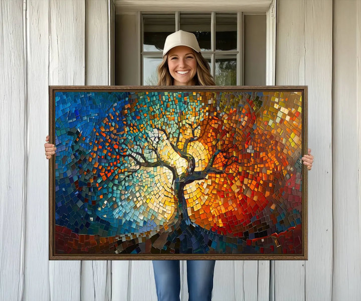 A Mosaic Tree Canvas Wall Art, featuring a vibrant stained glass-inspired Tree of Life and ready to hang, adds a lively touch to the space.