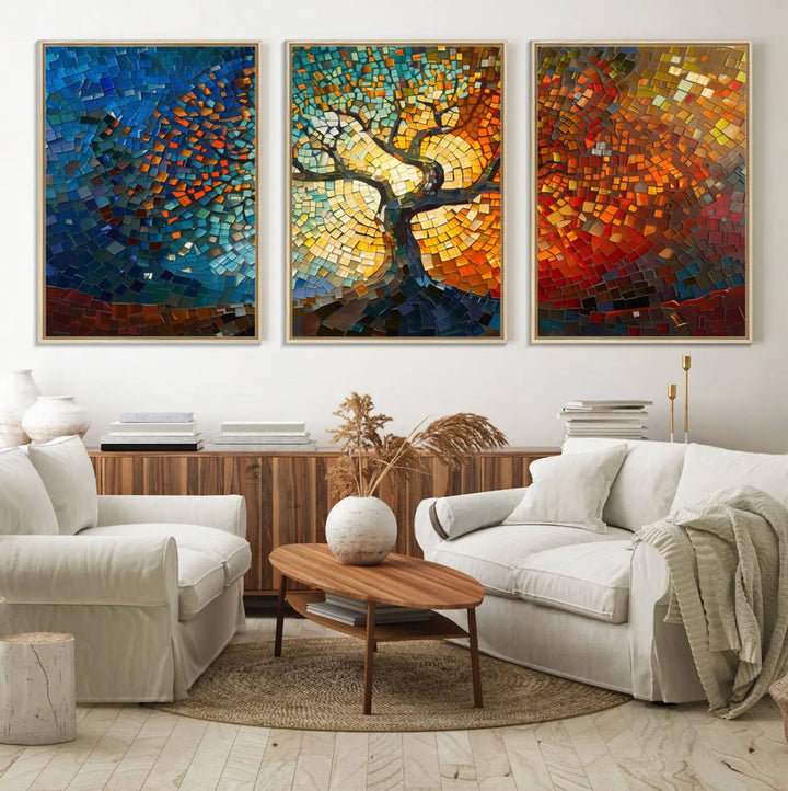 A Mosaic Tree Canvas Wall Art, featuring a vibrant stained glass-inspired Tree of Life and ready to hang, adds a lively touch to the space.