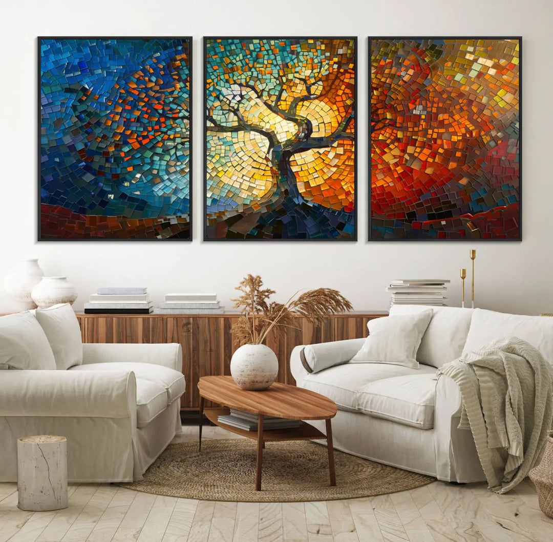 A Mosaic Tree Canvas Wall Art, featuring a vibrant stained glass-inspired Tree of Life and ready to hang, adds a lively touch to the space.