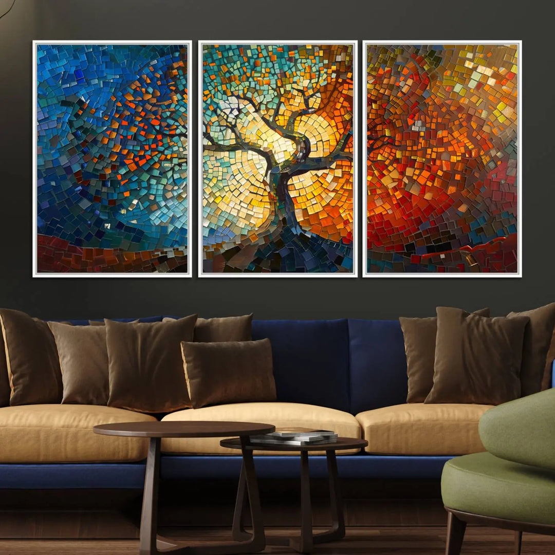 A Mosaic Tree Canvas Wall Art, featuring a vibrant stained glass-inspired Tree of Life and ready to hang, adds a lively touch to the space.