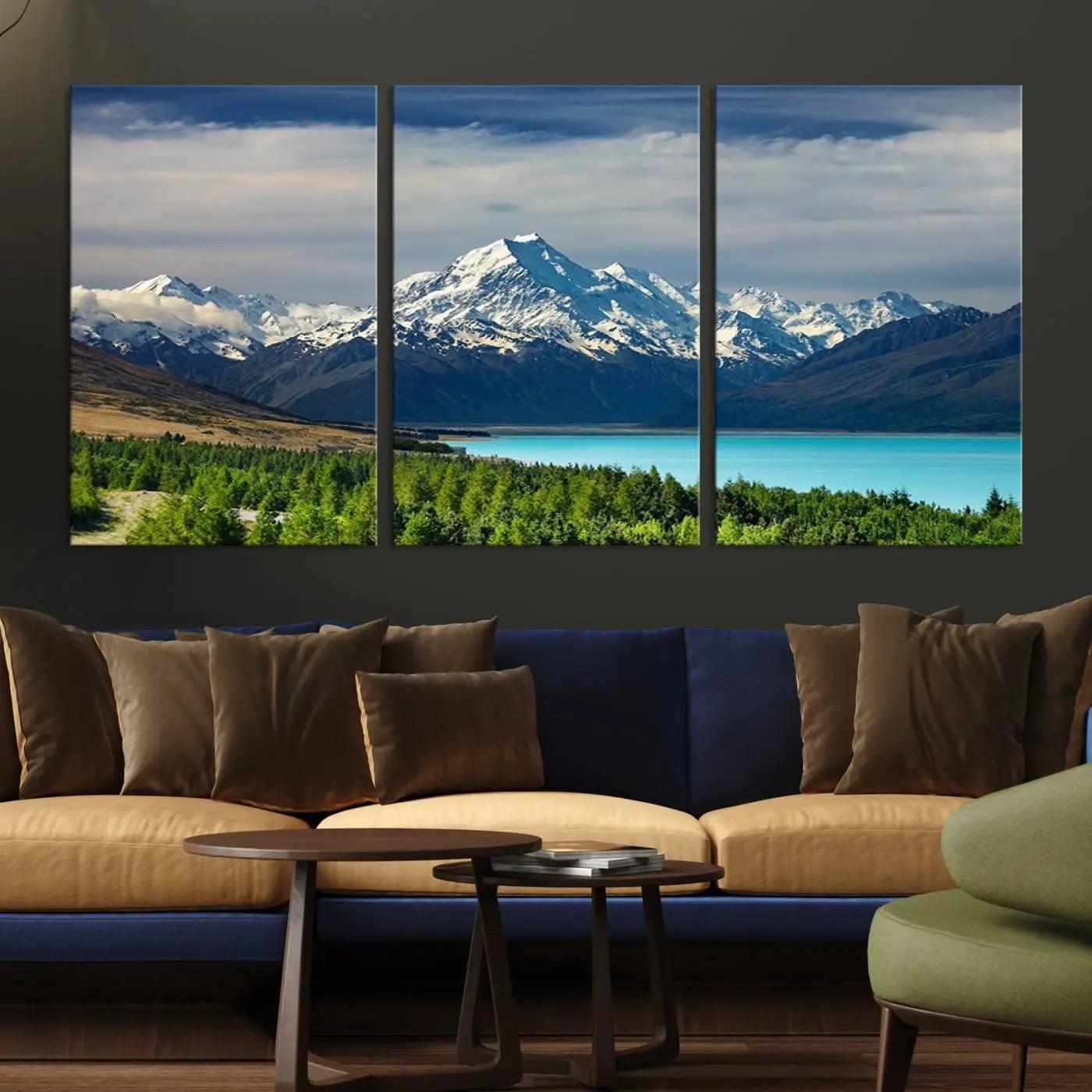 Mount Cook and Lake Pukaki Canvas Wall Art Print – Majestic Snow-Capped Peaks and Serene Lake Wall Decor for Home or Office – Ready to Hang