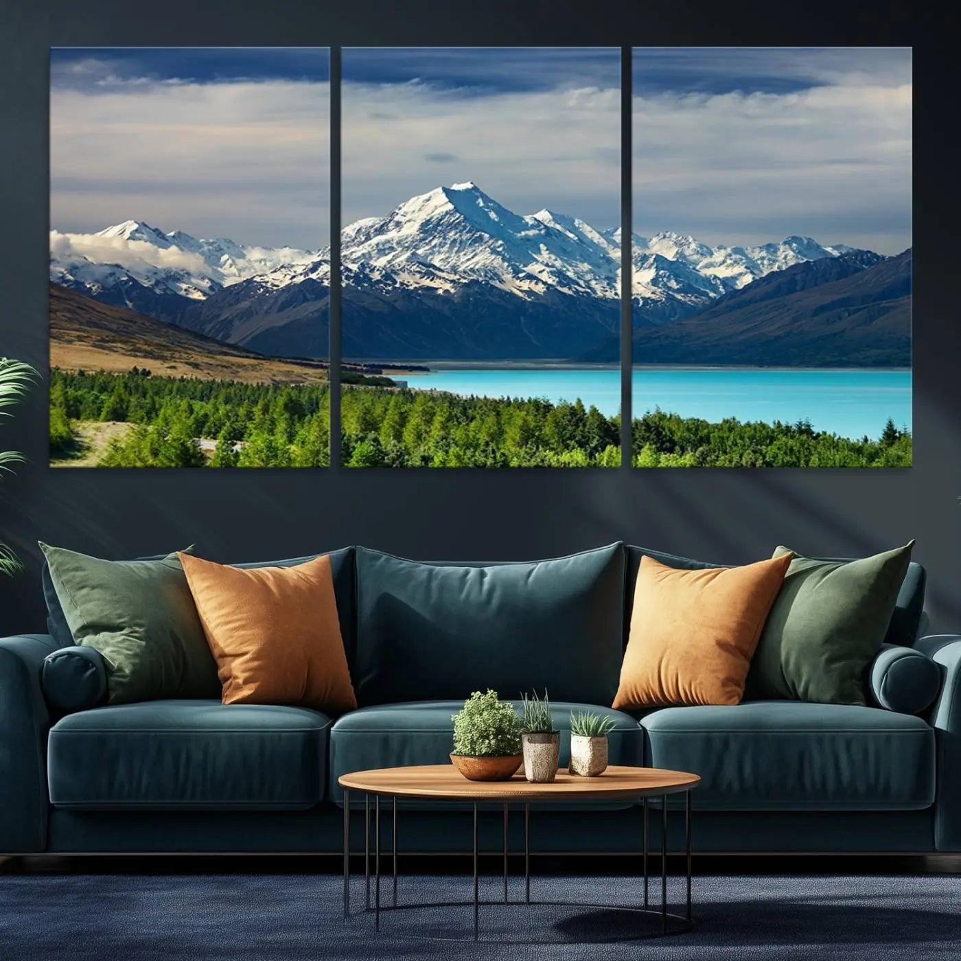 Mount Cook and Lake Pukaki Canvas Wall Art Print – Majestic Snow-Capped Peaks and Serene Lake Wall Decor for Home or Office – Ready to Hang