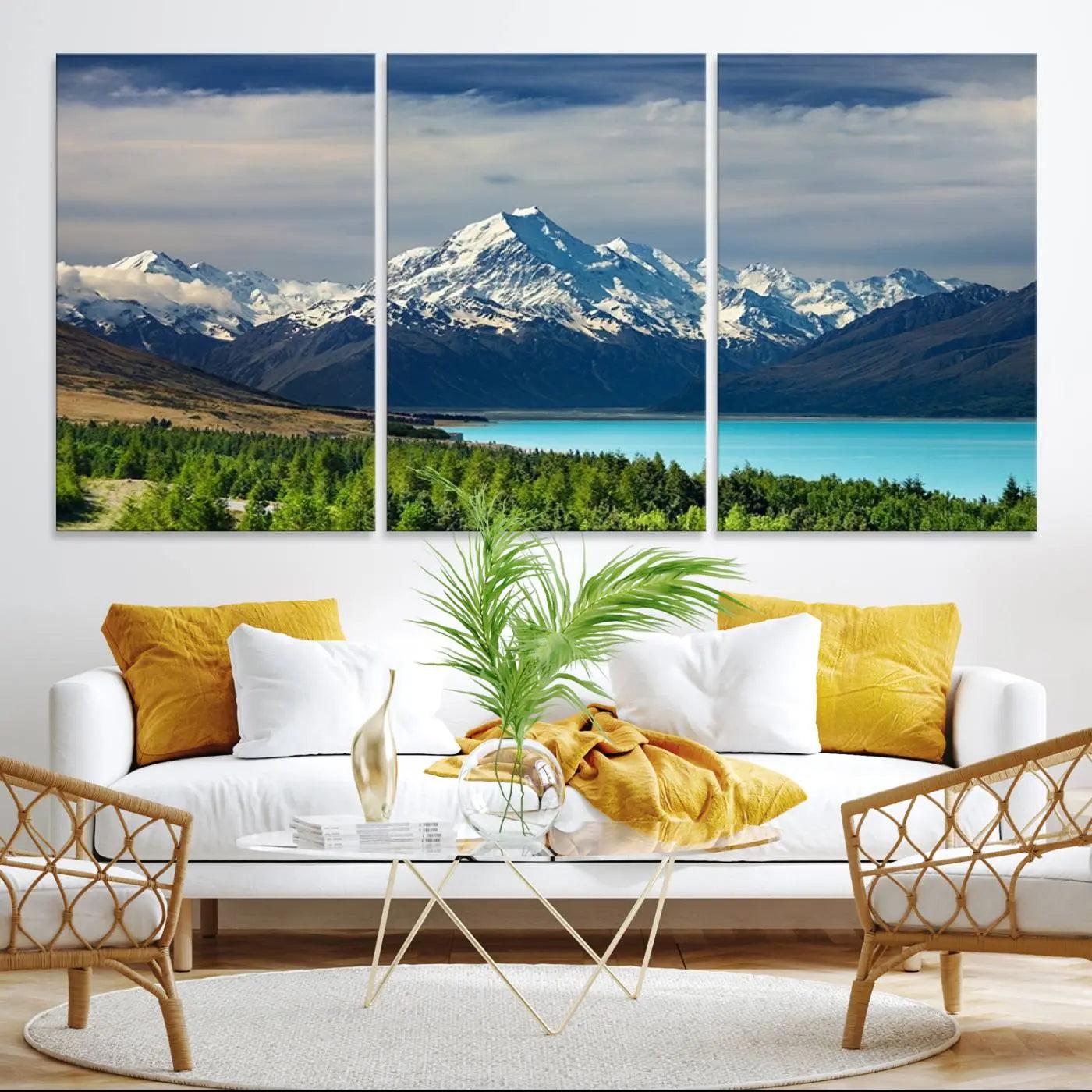 Mount Cook and Lake Pukaki Canvas Wall Art Print – Majestic Snow-Capped Peaks and Serene Lake Wall Decor for Home or Office – Ready to Hang