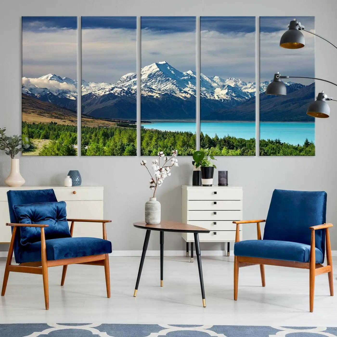 Mount Cook and Lake Pukaki Canvas Wall Art Print – Majestic Snow-Capped Peaks and Serene Lake Wall Decor for Home or Office – Ready to Hang
