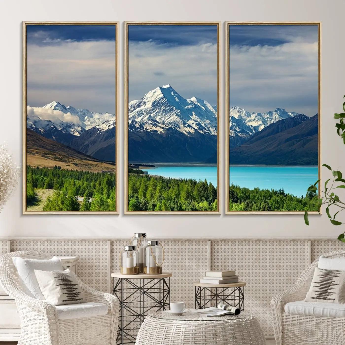 21118-MGV-CV-36X24-Mount Cook and Lake Pukaki Canvas Wall Art Print – Majestic Snow-Capped Peaks and Serene Lake Wall Decor for Home or Office – Ready to Hang