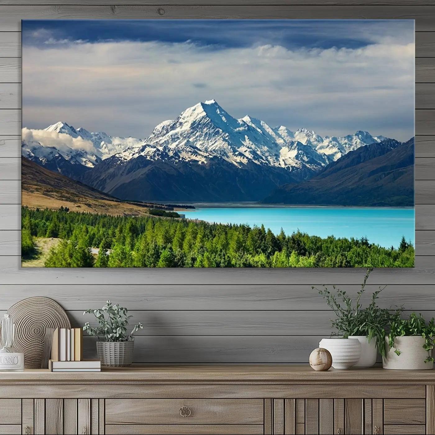 Mount Cook and Lake Pukaki Canvas Wall Art Print – Majestic Snow-Capped Peaks and Serene Lake Wall Decor for Home or Office – Ready to Hang