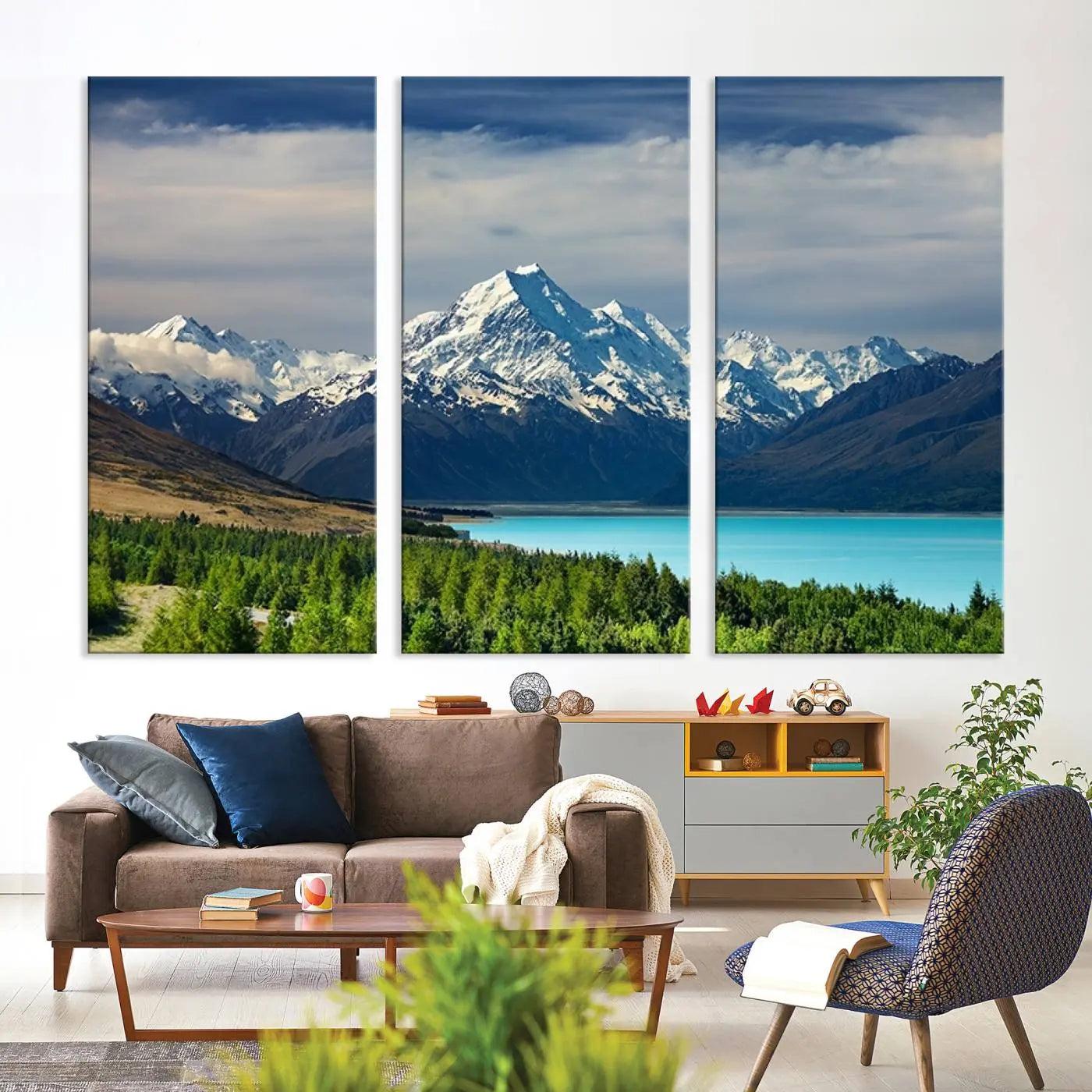 Mount Cook and Lake Pukaki Canvas Wall Art Print – Majestic Snow-Capped Peaks and Serene Lake Wall Decor for Home or Office – Ready to Hang