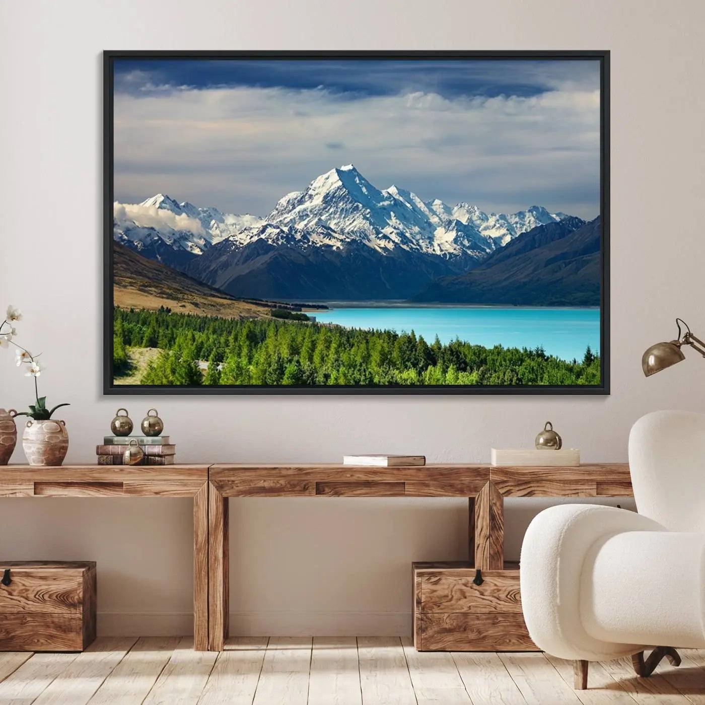 Mount Cook and Lake Pukaki Canvas Wall Art Print – Majestic Snow-Capped Peaks and Serene Lake Wall Decor for Home or Office – Ready to Hang