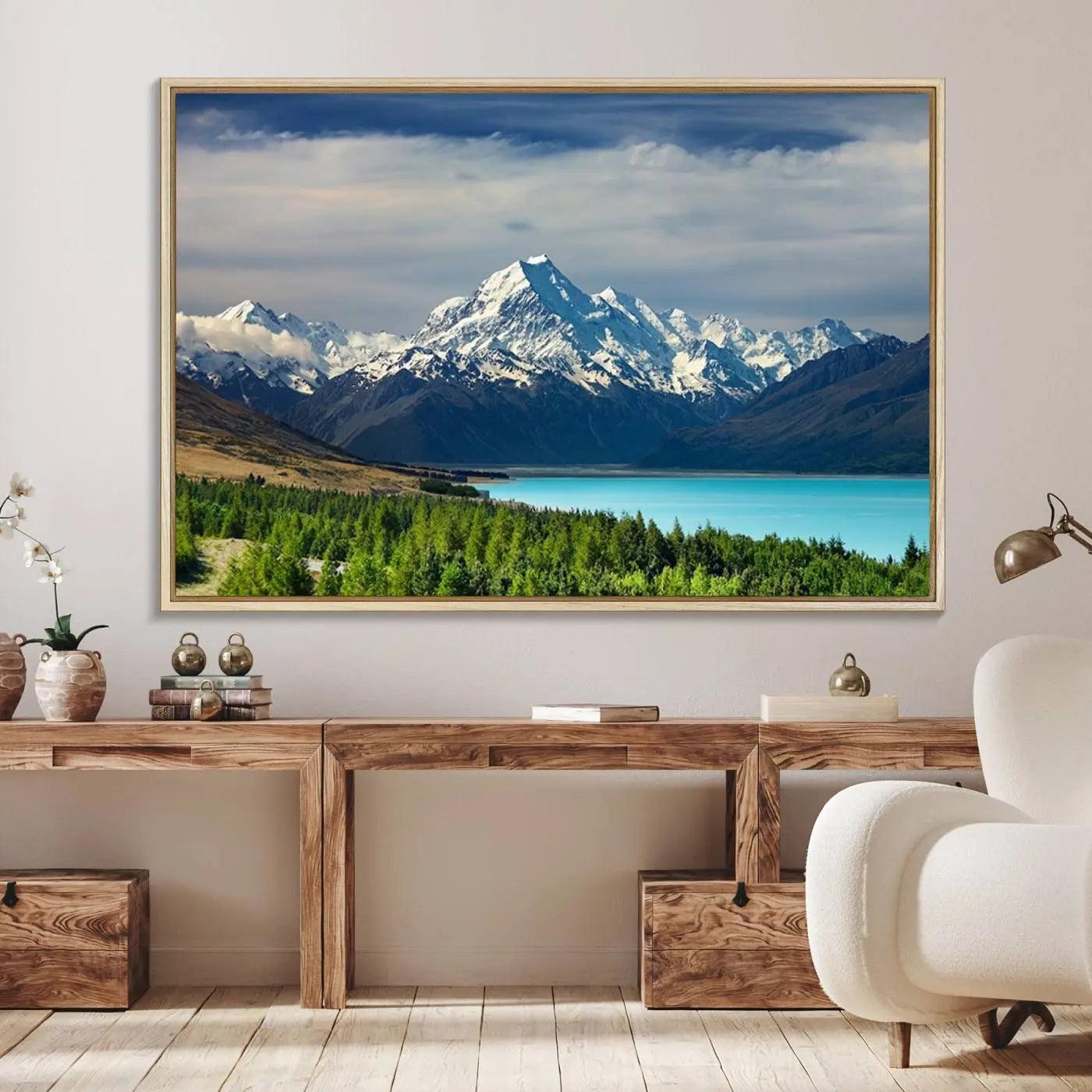 Mount Cook and Lake Pukaki Canvas Wall Art Print – Majestic Snow-Capped Peaks and Serene Lake Wall Decor for Home or Office – Ready to Hang
