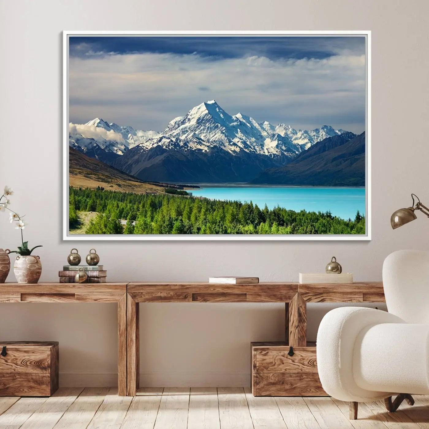 21118-MGV-FC-36X24_White-Mount Cook and Lake Pukaki Canvas Wall Art Print – Majestic Snow-Capped Peaks and Serene Lake Wall Decor for Home or Office – Ready to Hang