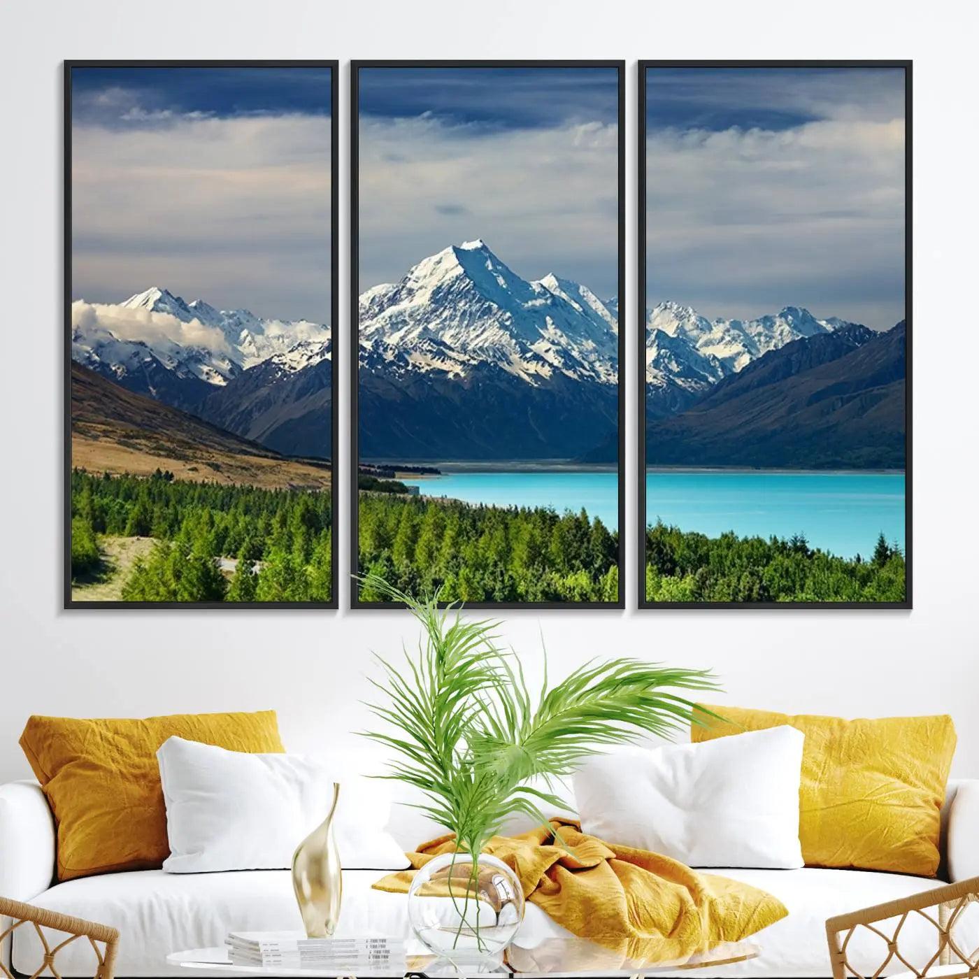 21118-MGV-FC-48X32-3P_Black-Mount Cook and Lake Pukaki Canvas Wall Art Print – Majestic Snow-Capped Peaks and Serene Lake Wall Decor for Home or Office – Ready to Hang