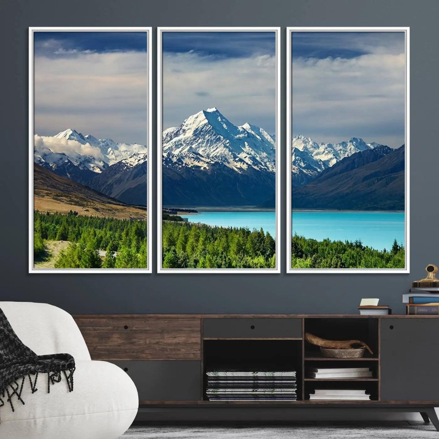 21118-MGV-FC-48X32-3P_White-Mount Cook and Lake Pukaki Canvas Wall Art Print – Majestic Snow-Capped Peaks and Serene Lake Wall Decor for Home or Office – Ready to Hang