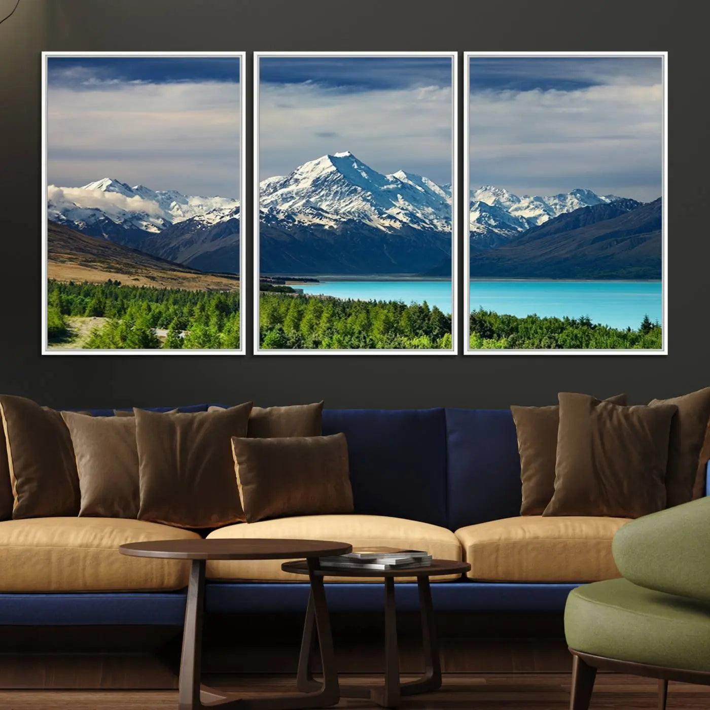 21118-MGV-FC-60X30-3P_White-Mount Cook and Lake Pukaki Canvas Wall Art Print – Majestic Snow-Capped Peaks and Serene Lake Wall Decor for Home or Office – Ready to Hang