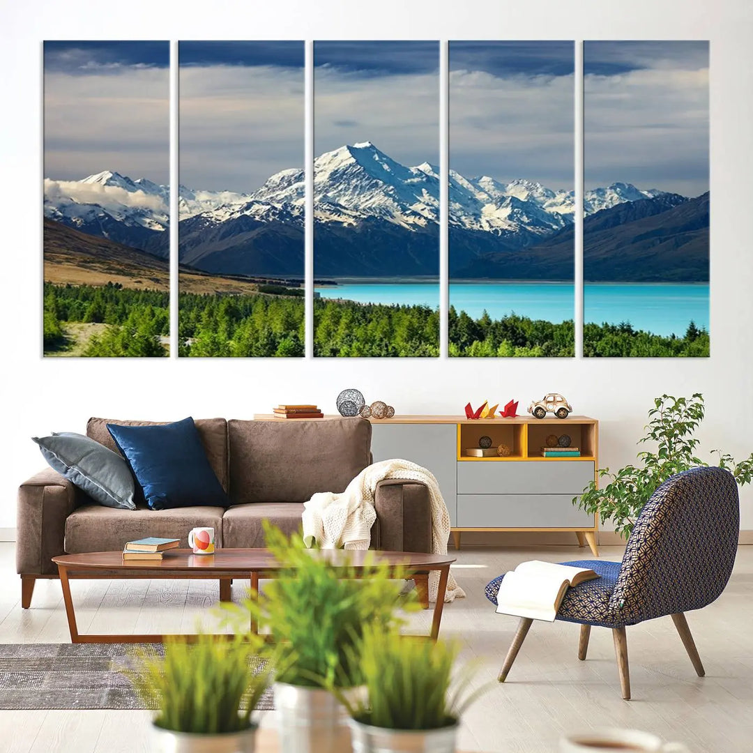Mount Cook and Lake Pukaki Canvas Wall Art Print – Majestic Snow-Capped Peaks and Serene Lake Wall Decor for Home or Office – Ready to Hang