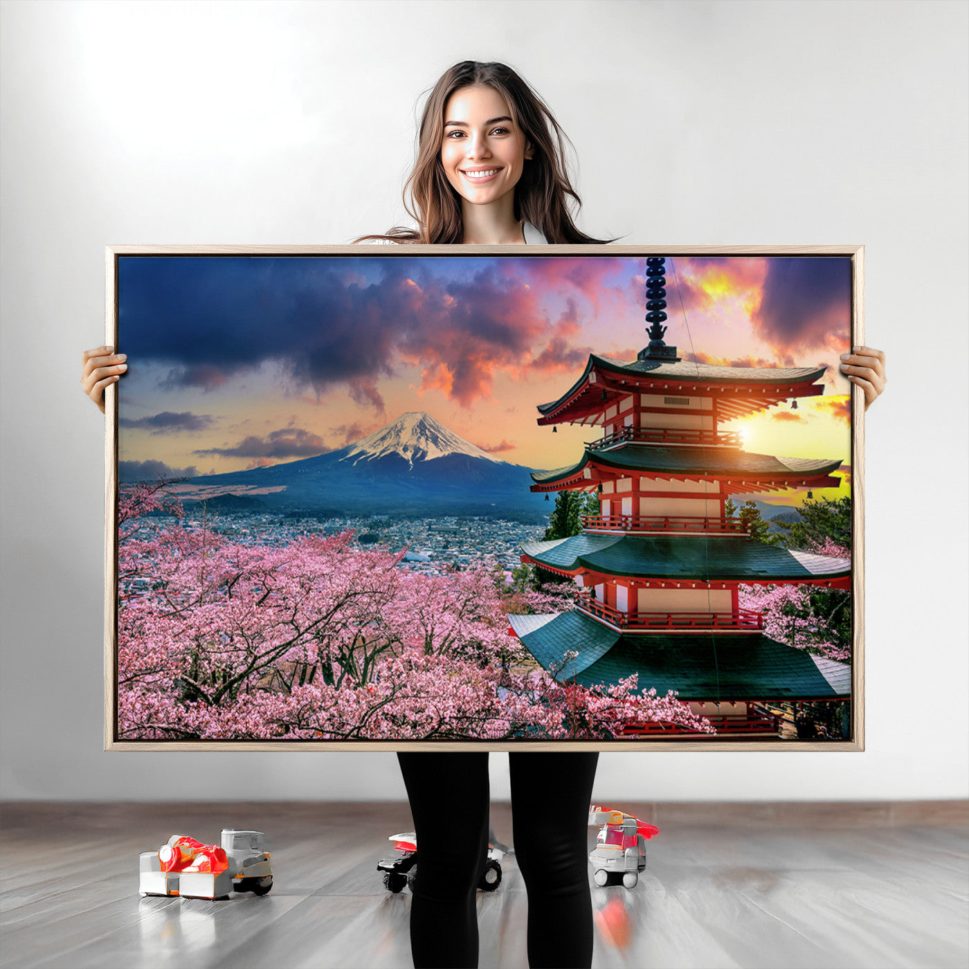 Mount Fuji & Cherry Blossom Wall Art Canvas Print – Iconic Japanese Landscape, Sakura Pagoda Sunset, Multi-Panel Framed Artwork for Home,