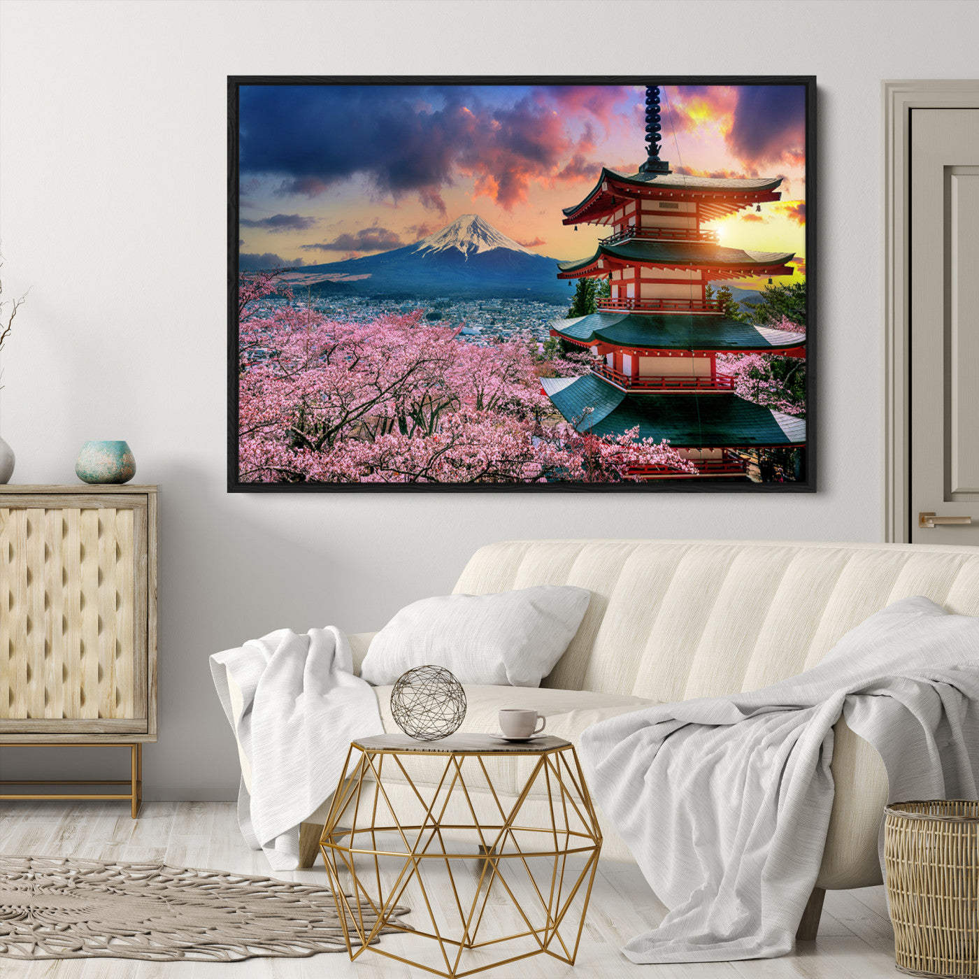 Mount Fuji & Cherry Blossom Wall Art Canvas Print – Iconic Japanese Landscape, Sakura Pagoda Sunset, Multi-Panel Framed Artwork for Home,