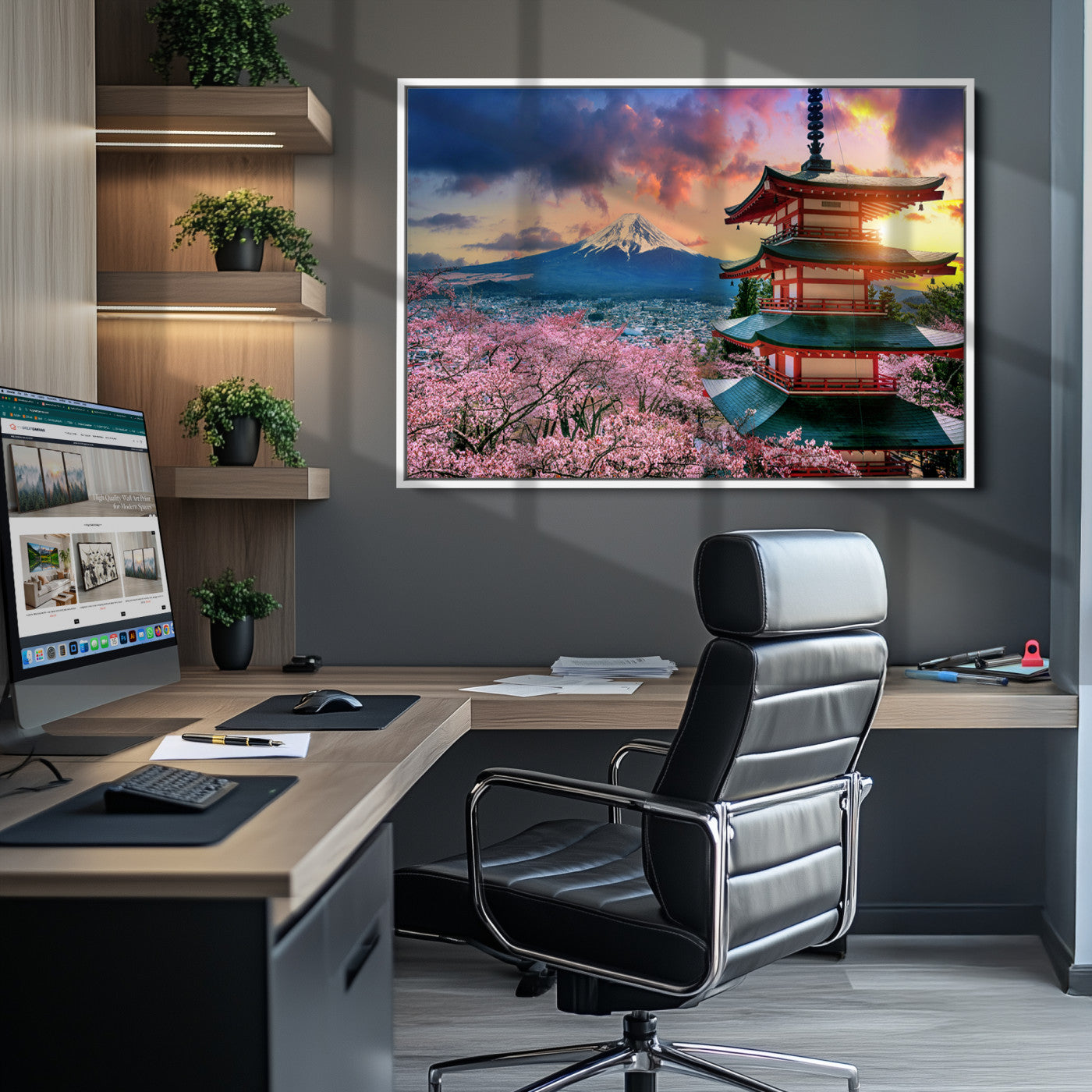 Mount Fuji & Cherry Blossom Wall Art Canvas Print – Iconic Japanese Landscape, Sakura Pagoda Sunset, Multi-Panel Framed Artwork for Home,
