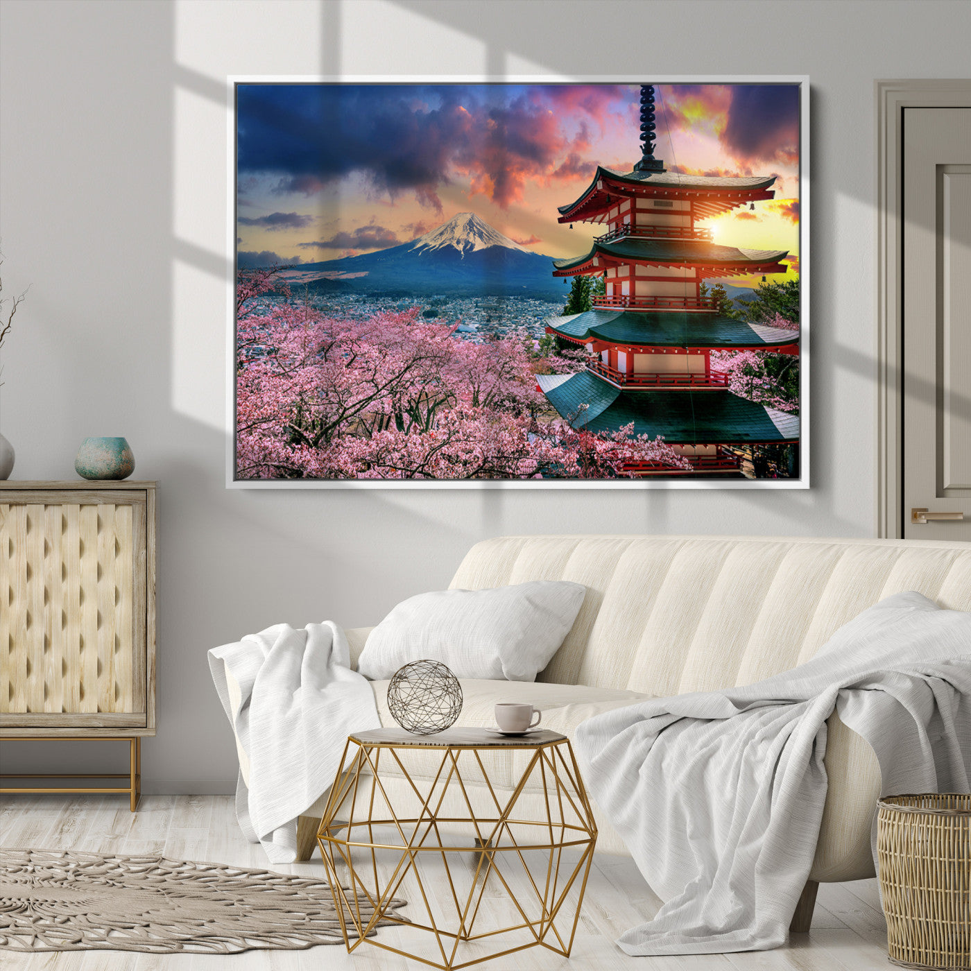 Mount Fuji & Cherry Blossom Wall Art Canvas Print – Iconic Japanese Landscape, Sakura Pagoda Sunset, Multi-Panel Framed Artwork for Home,