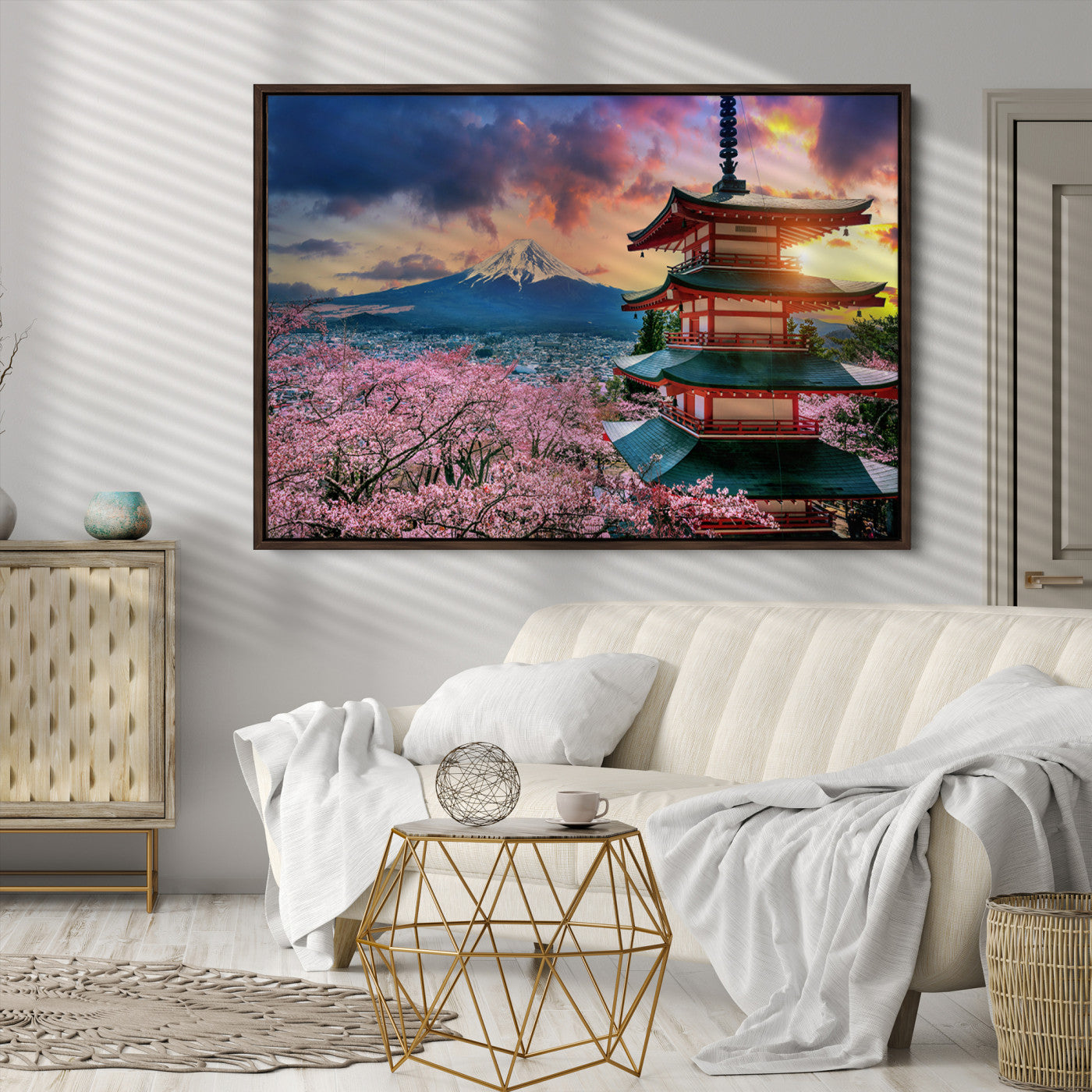 Mount Fuji & Cherry Blossom Wall Art Canvas Print – Iconic Japanese Landscape, Sakura Pagoda Sunset, Multi-Panel Framed Artwork for Home,