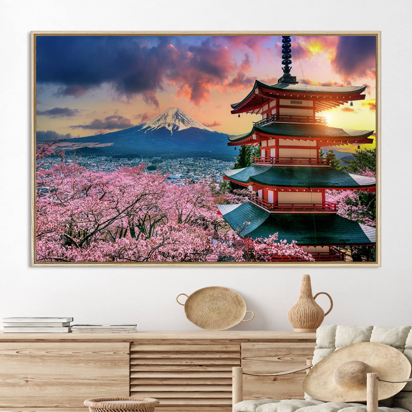 Mount Fuji & Cherry Blossom Wall Art Canvas Print – Iconic Japanese Landscape, Sakura Pagoda Sunset, Multi-Panel Framed Artwork for Home,