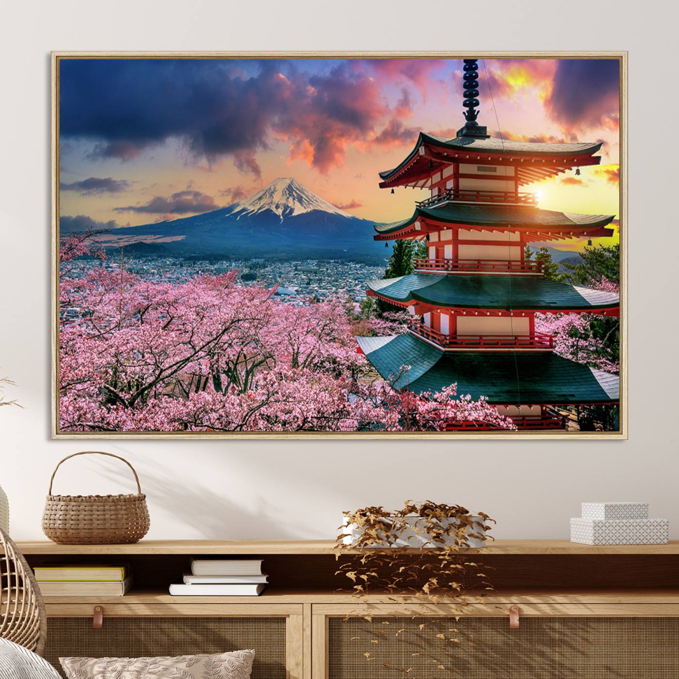 Mount Fuji & Cherry Blossom Wall Art Canvas Print – Iconic Japanese Landscape, Sakura Pagoda Sunset, Multi-Panel Framed Artwork for Home,