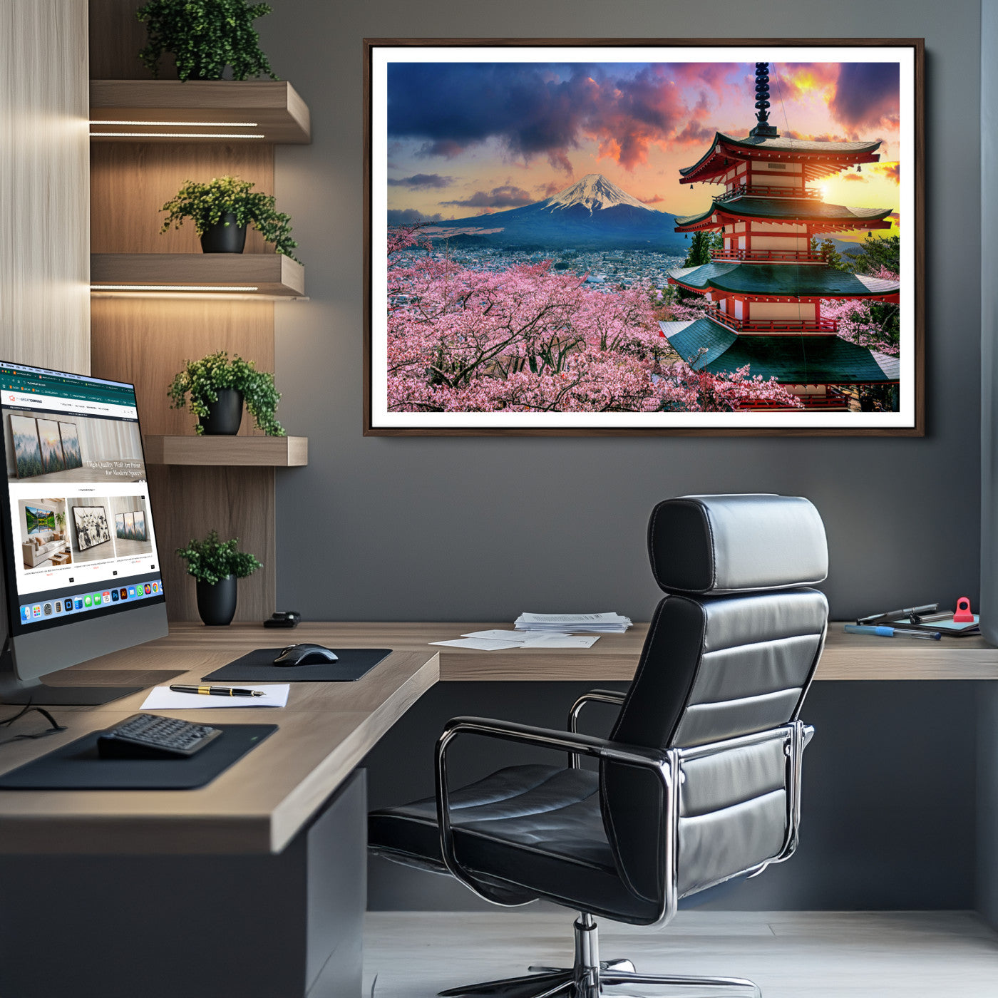 Mount Fuji & Cherry Blossom Wall Art Canvas Print – Iconic Japanese Landscape, Sakura Pagoda Sunset, Multi-Panel Framed Artwork for Home,