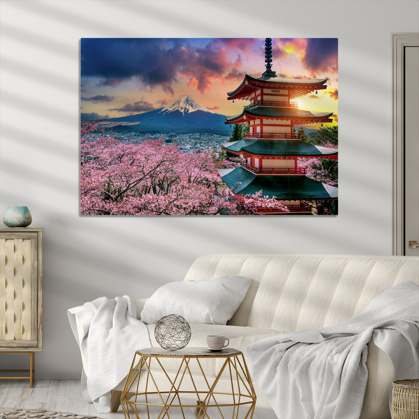 Mount Fuji & Cherry Blossom Wall Art Canvas Print – Iconic Japanese Landscape, Sakura Pagoda Sunset, Multi-Panel Framed Artwork for Home,