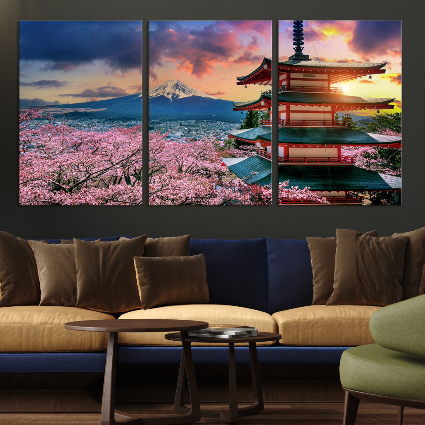 32331262-MGV-CV-36X24-Mount Fuji & Cherry Blossom Wall Art Canvas Print – Iconic Japanese Landscape, Sakura Pagoda Sunset, Multi-Panel Framed Artwork for Home,