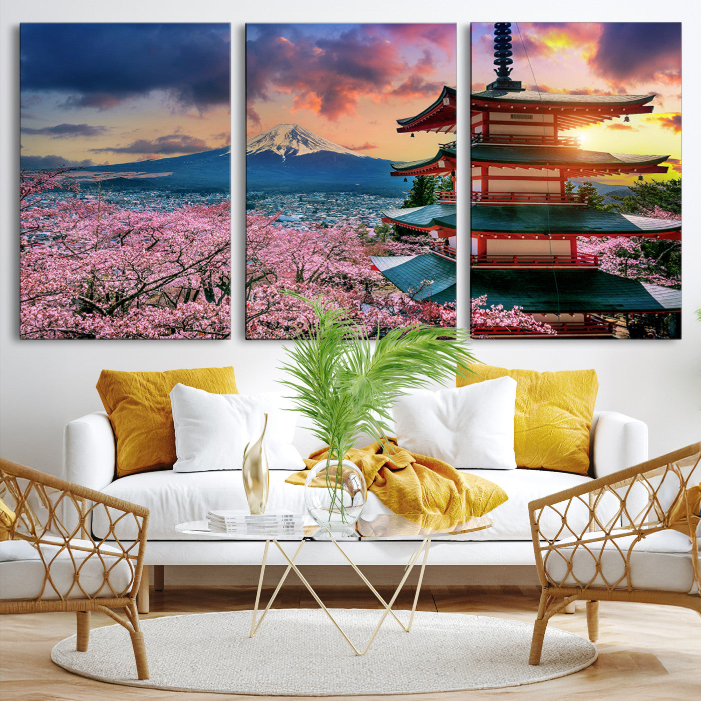 32331262-MGV-CV-36X24-Mount Fuji & Cherry Blossom Wall Art Canvas Print – Iconic Japanese Landscape, Sakura Pagoda Sunset, Multi-Panel Framed Artwork for Home,