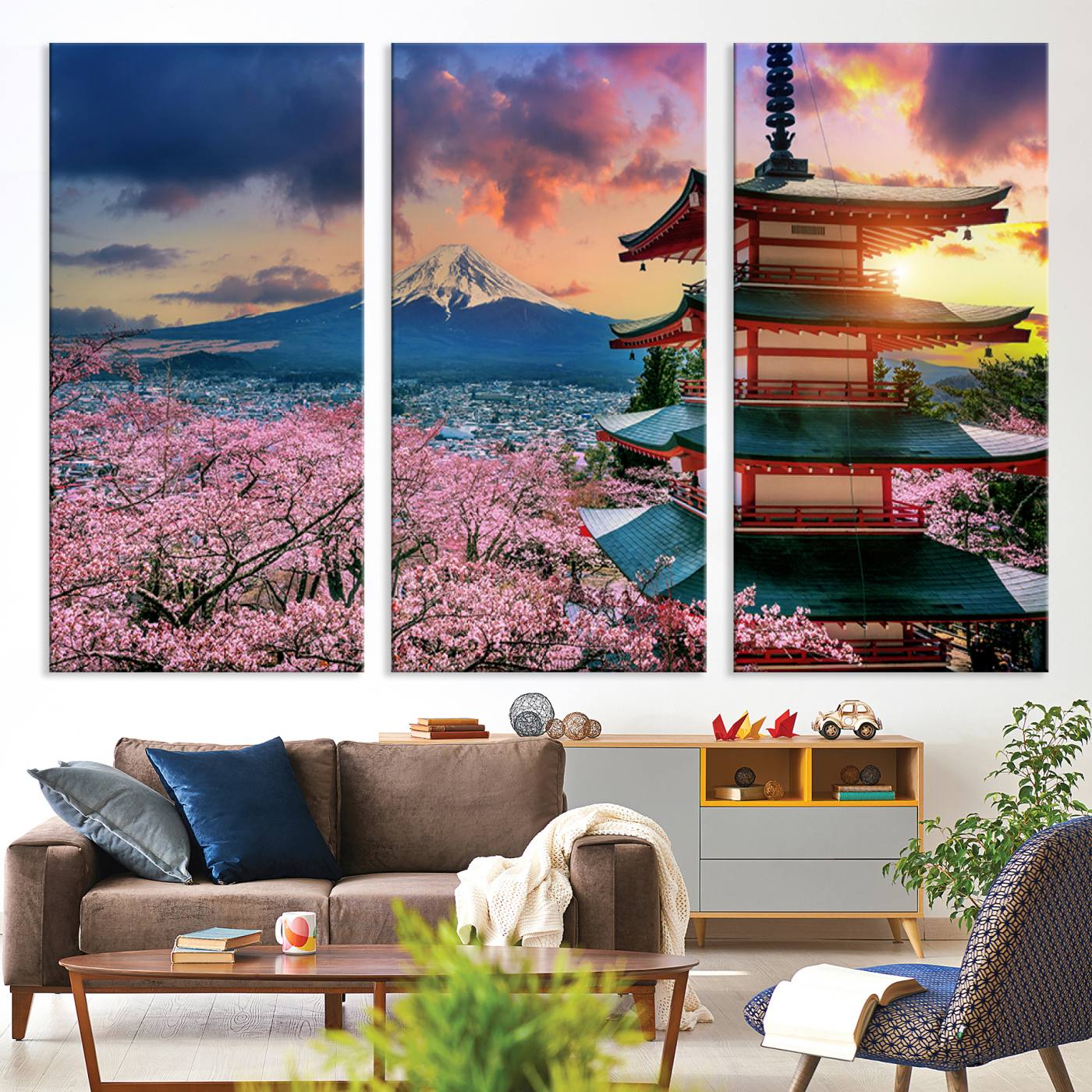 32331262-MGV-CV-36X24-Mount Fuji & Cherry Blossom Wall Art Canvas Print – Iconic Japanese Landscape, Sakura Pagoda Sunset, Multi-Panel Framed Artwork for Home,