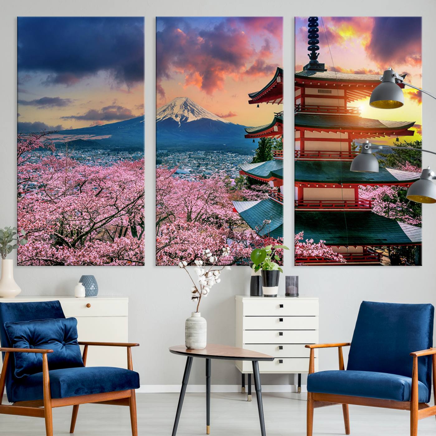 32331262-MGV-CV-36X24-Mount Fuji & Cherry Blossom Wall Art Canvas Print – Iconic Japanese Landscape, Sakura Pagoda Sunset, Multi-Panel Framed Artwork for Home,