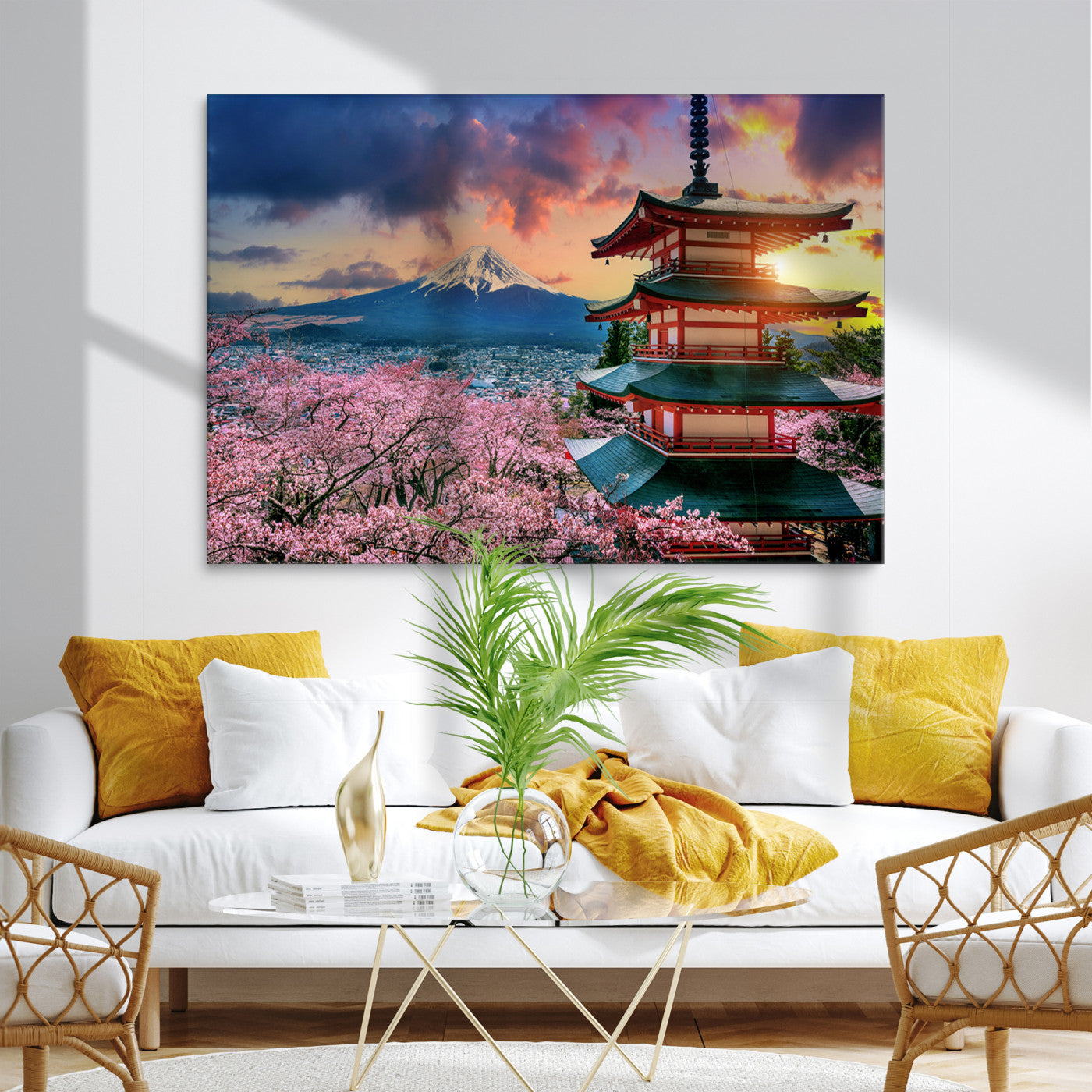 Mount Fuji & Cherry Blossom Wall Art Canvas Print – Iconic Japanese Landscape, Sakura Pagoda Sunset, Multi-Panel Framed Artwork for Home,