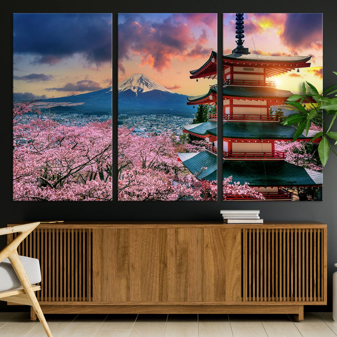 32331262-MGV-CV-36X24-Mount Fuji & Cherry Blossom Wall Art Canvas Print – Iconic Japanese Landscape, Sakura Pagoda Sunset, Multi-Panel Framed Artwork for Home,