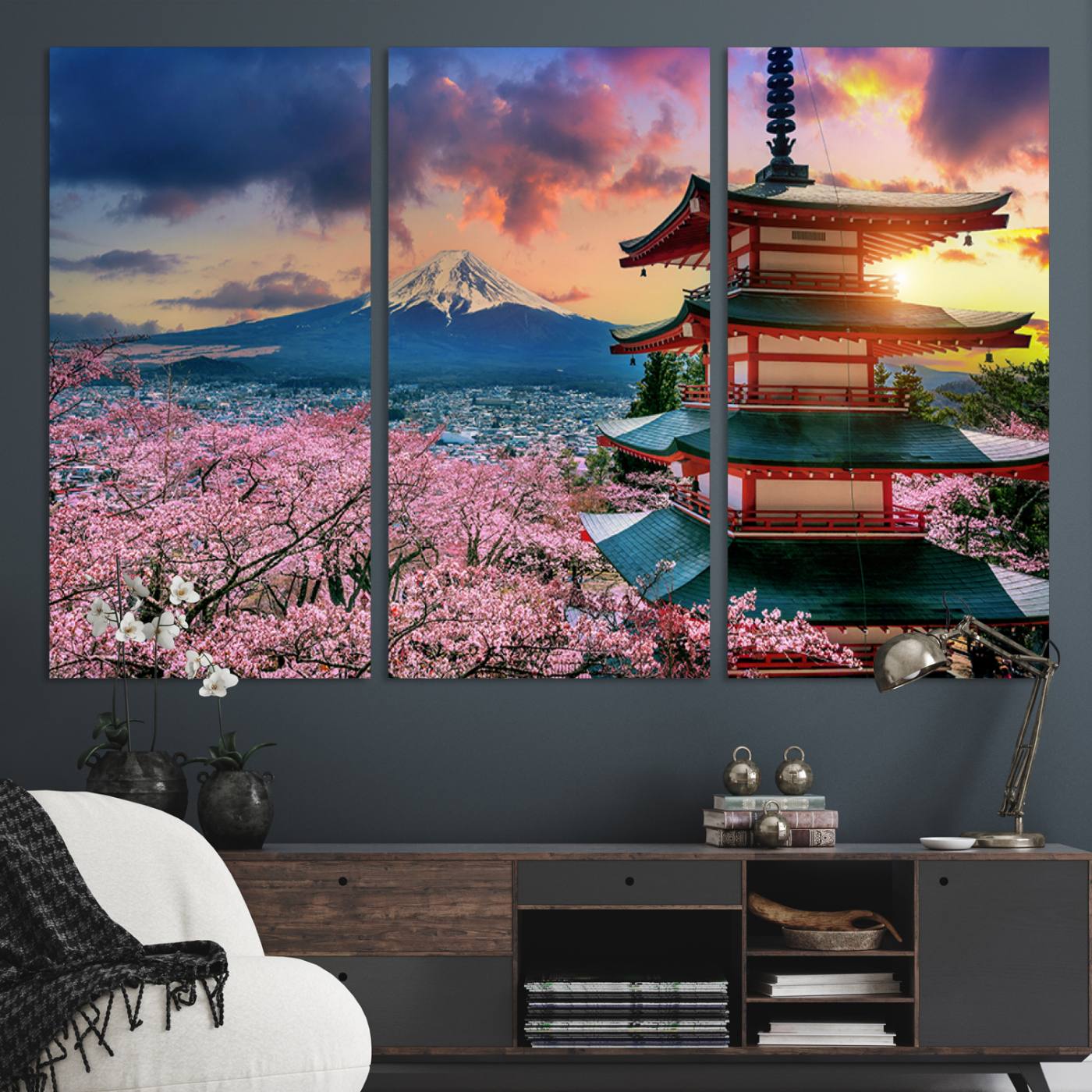 32331262-MGV-CV-36X24-Mount Fuji & Cherry Blossom Wall Art Canvas Print – Iconic Japanese Landscape, Sakura Pagoda Sunset, Multi-Panel Framed Artwork for Home,