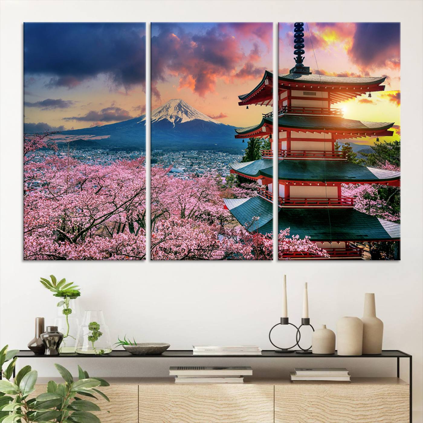 32331262-MGV-CV-36X24-Mount Fuji & Cherry Blossom Wall Art Canvas Print – Iconic Japanese Landscape, Sakura Pagoda Sunset, Multi-Panel Framed Artwork for Home,