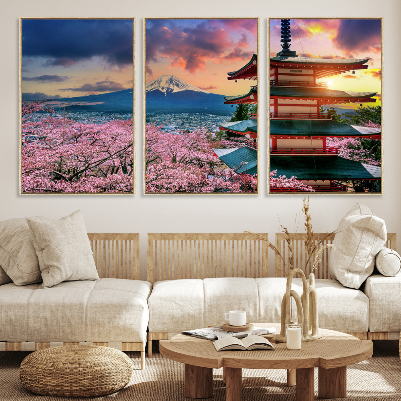 32331262-MGV-CV-36X24-Mount Fuji & Cherry Blossom Wall Art Canvas Print – Iconic Japanese Landscape, Sakura Pagoda Sunset, Multi-Panel Framed Artwork for Home,