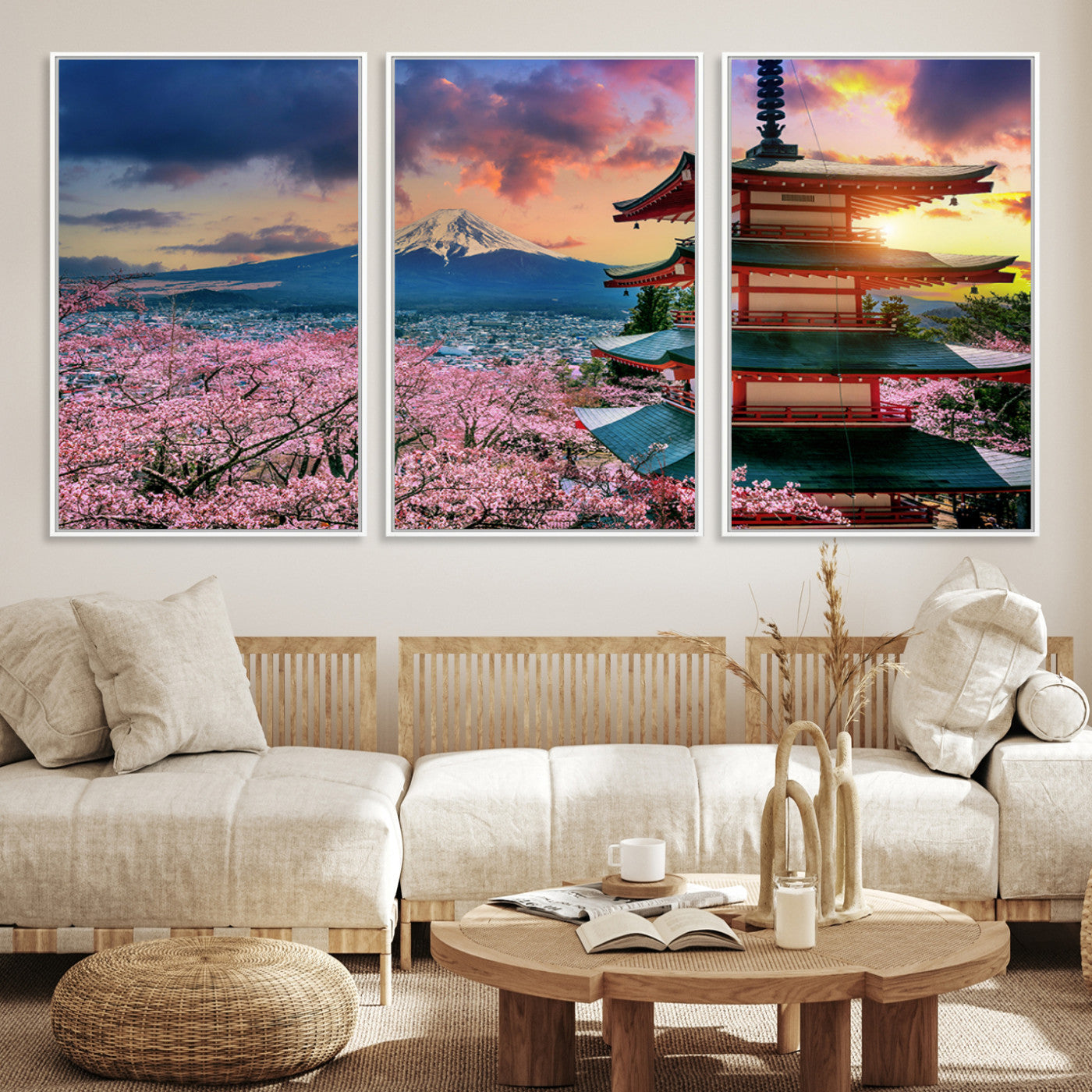 32331262-MGV-CV-36X24-Mount Fuji & Cherry Blossom Wall Art Canvas Print – Iconic Japanese Landscape, Sakura Pagoda Sunset, Multi-Panel Framed Artwork for Home,