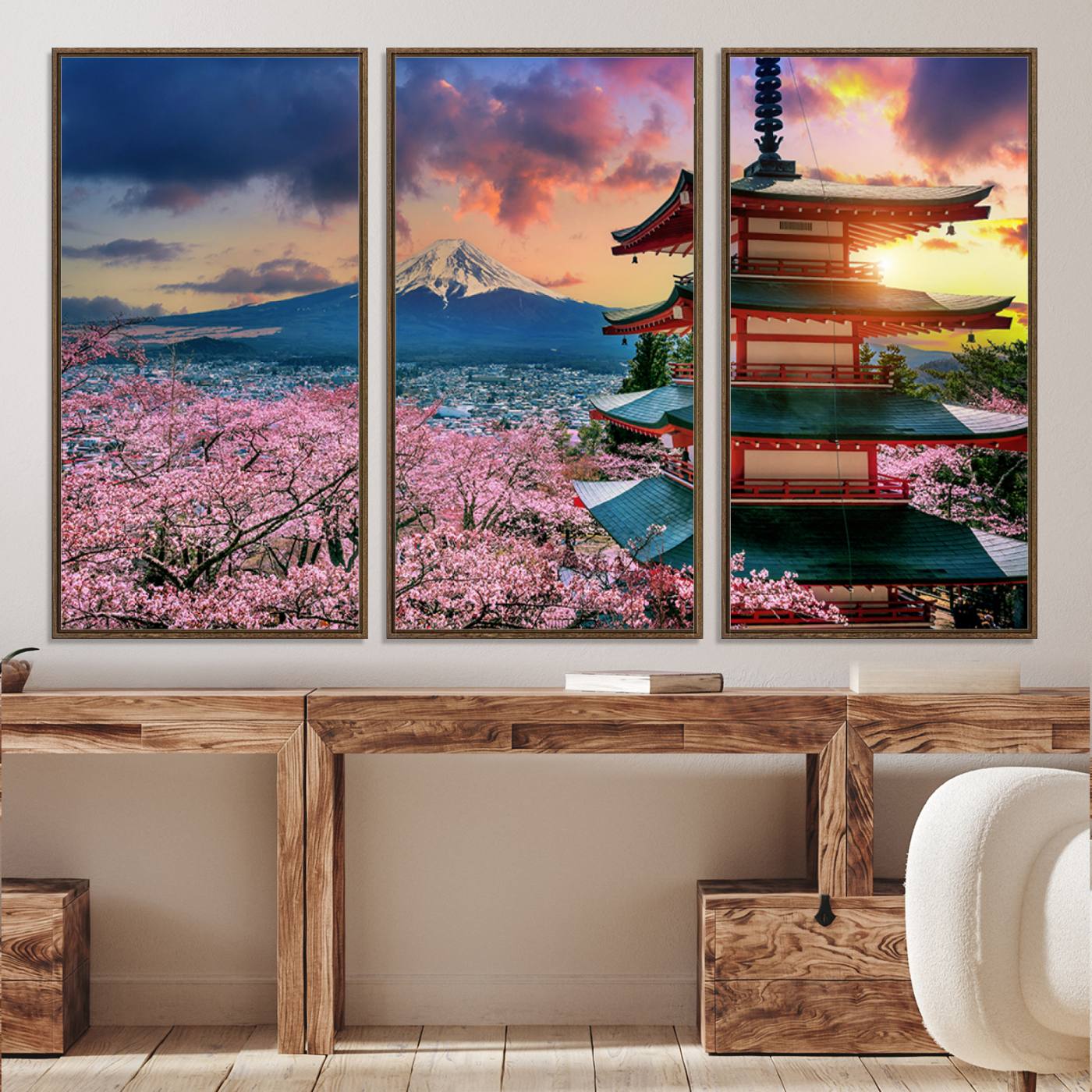 32331262-MGV-CV-36X24-Mount Fuji & Cherry Blossom Wall Art Canvas Print – Iconic Japanese Landscape, Sakura Pagoda Sunset, Multi-Panel Framed Artwork for Home,