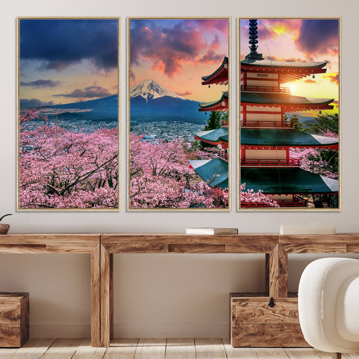32331262-MGV-CV-36X24-Mount Fuji & Cherry Blossom Wall Art Canvas Print – Iconic Japanese Landscape, Sakura Pagoda Sunset, Multi-Panel Framed Artwork for Home,