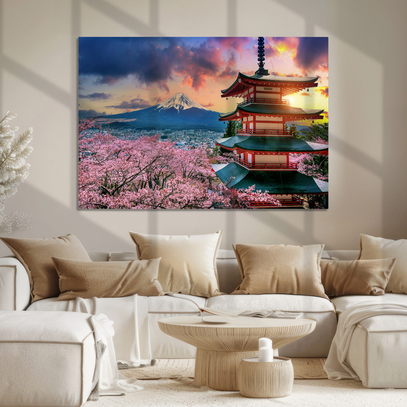 Mount Fuji & Cherry Blossom Wall Art Canvas Print – Iconic Japanese Landscape, Sakura Pagoda Sunset, Multi-Panel Framed Artwork for Home,