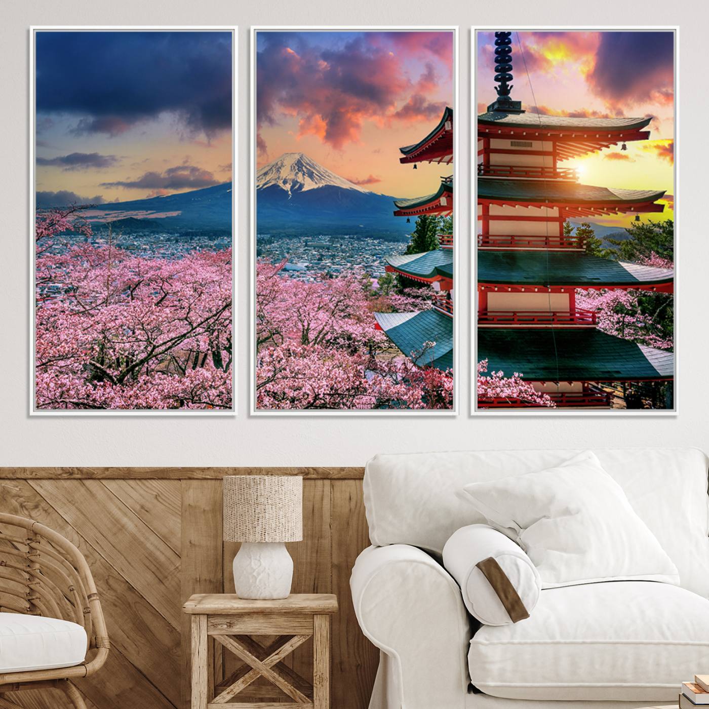 32331262-MGV-CV-36X24-Mount Fuji & Cherry Blossom Wall Art Canvas Print – Iconic Japanese Landscape, Sakura Pagoda Sunset, Multi-Panel Framed Artwork for Home,