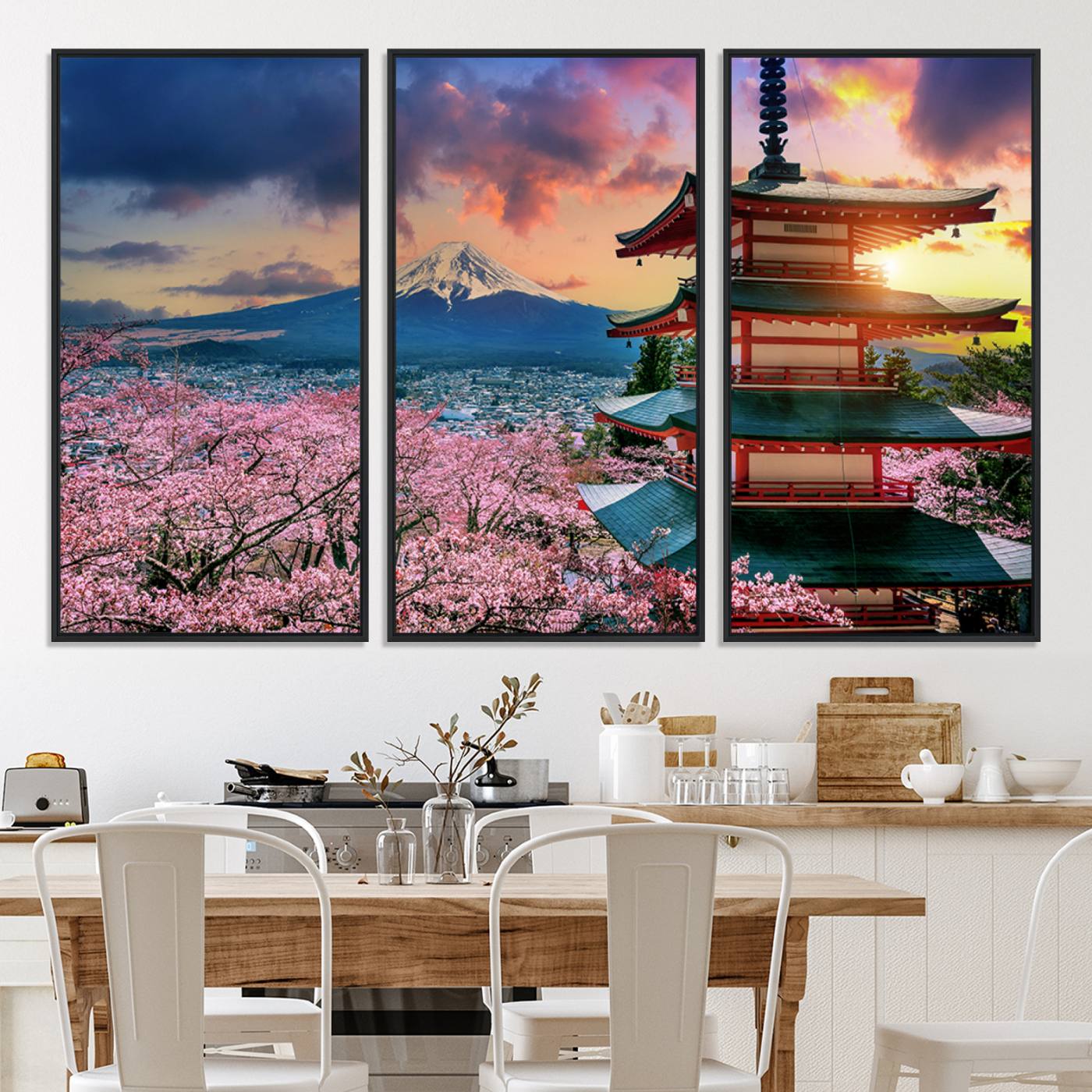 32331262-MGV-CV-36X24-Mount Fuji & Cherry Blossom Wall Art Canvas Print – Iconic Japanese Landscape, Sakura Pagoda Sunset, Multi-Panel Framed Artwork for Home,