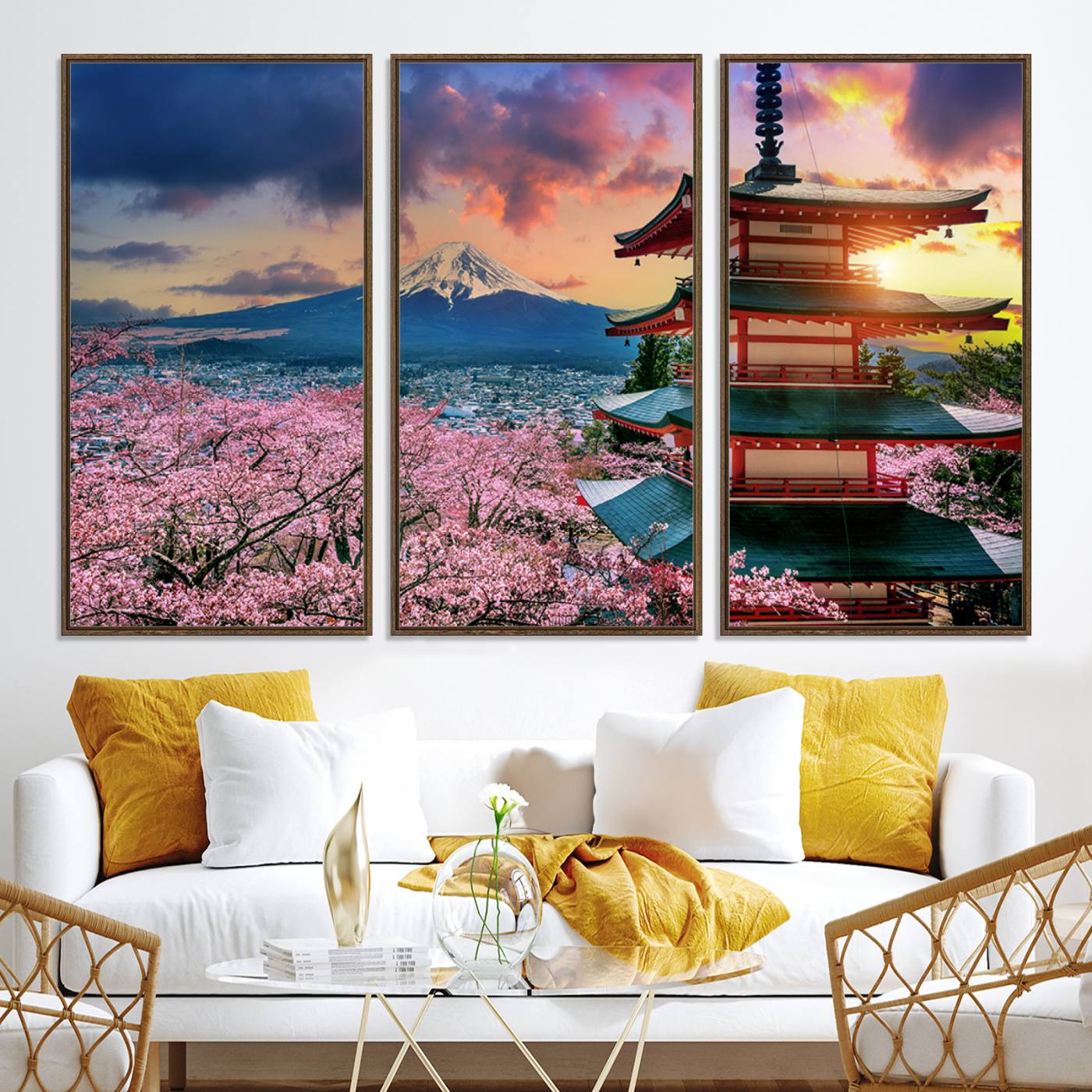32331262-MGV-CV-36X24-Mount Fuji & Cherry Blossom Wall Art Canvas Print – Iconic Japanese Landscape, Sakura Pagoda Sunset, Multi-Panel Framed Artwork for Home,