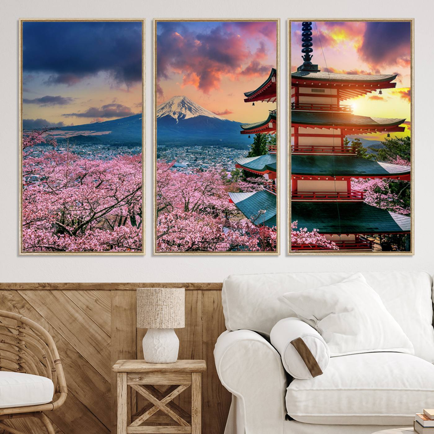 32331262-MGV-CV-36X24-Mount Fuji & Cherry Blossom Wall Art Canvas Print – Iconic Japanese Landscape, Sakura Pagoda Sunset, Multi-Panel Framed Artwork for Home,