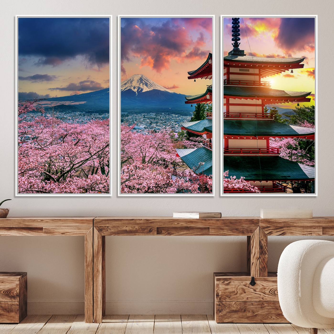32331262-MGV-CV-36X24-Mount Fuji & Cherry Blossom Wall Art Canvas Print – Iconic Japanese Landscape, Sakura Pagoda Sunset, Multi-Panel Framed Artwork for Home,